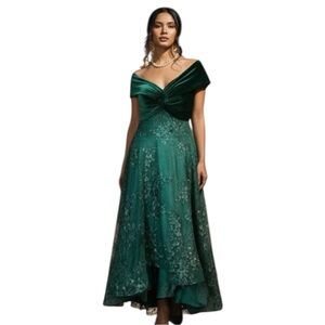 JJ’s House Dark Green Off Shoulder Velvet Bodice Embroidered Formal Dress US 8